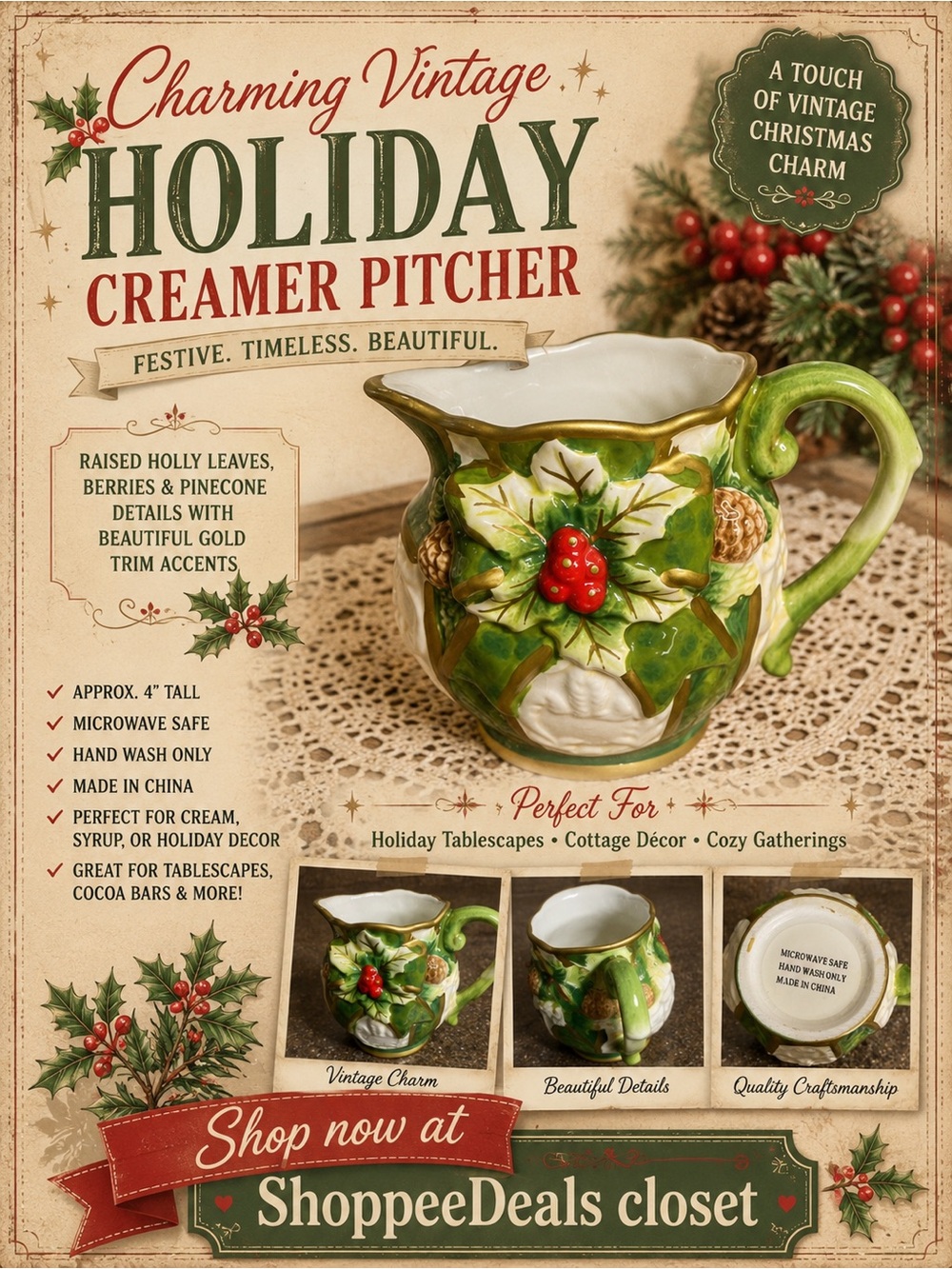 Vintage Style Holiday Holly Berry Ceramic Creamer Pitcher